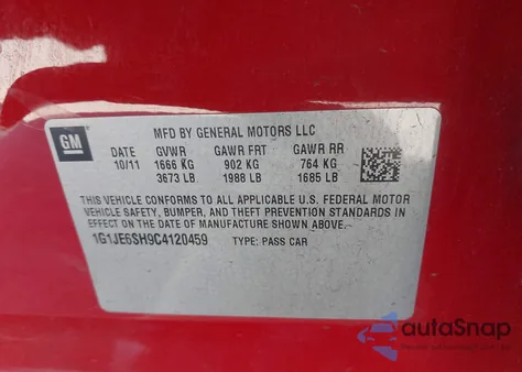 2012 Chevrolet Sonic 2Lz z USA, uszkodzony, nr VIN 1G1JE6SH9C4120459